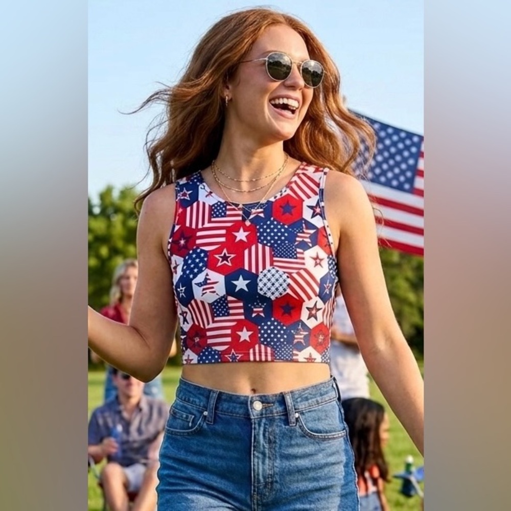 American Flag Print Tie Back Crop Top: Red, White, Blue stars & Stripes, Small